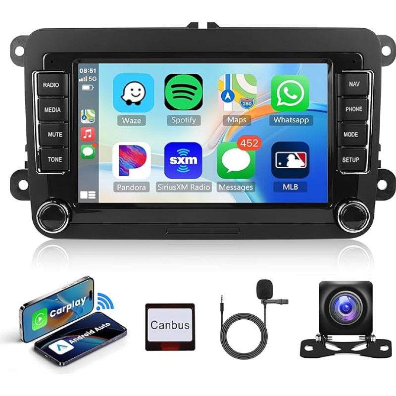 2G + 64G Wireless Carplay Android Car Radio for VW Golf 5 6 Passat Polo Tiguan Touran Caddy Skoda Seat with Android Car GPS Navigation WiFi Mirror Link 7 Inch Car Radio with Bluetooth FM/RDS/DAB