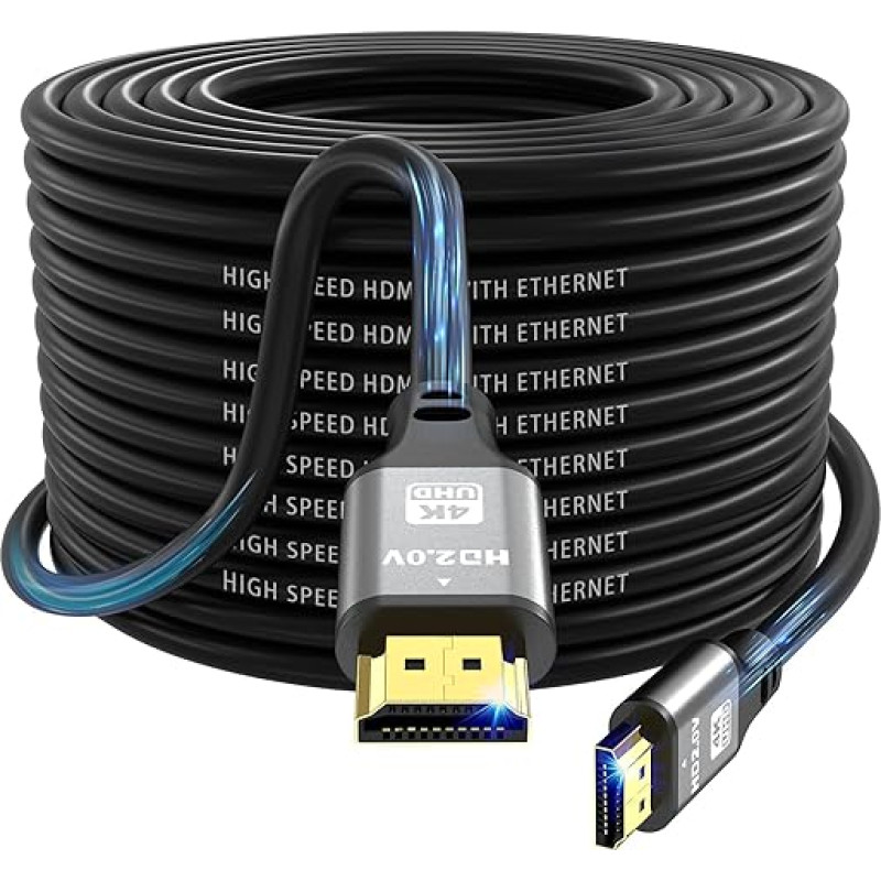 jojobnj 4K HDMI Cable 25 m, High Speed HDMI 2.0 Cable 4K @ 60Hz 18 Gbps, Ultra HD, Ethernet Audio Return, Video 4K, 1080p, 3D, Arc, HDR Compatible with Xbox, PS5/PS4, HDTV, Laptop etc