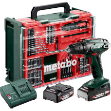 Metabo werke GmbH BS 18 602207710 akumuliatorinių gręžtuvų rinkinys (18 V 2 x 2 Ah LiPOWER, įkroviklis SC 30, plastikinis lagaminas su 74 dalių mobiliomis dirbtuvėmis, gręžimo griebtuvas be rakto, diržo kablys)