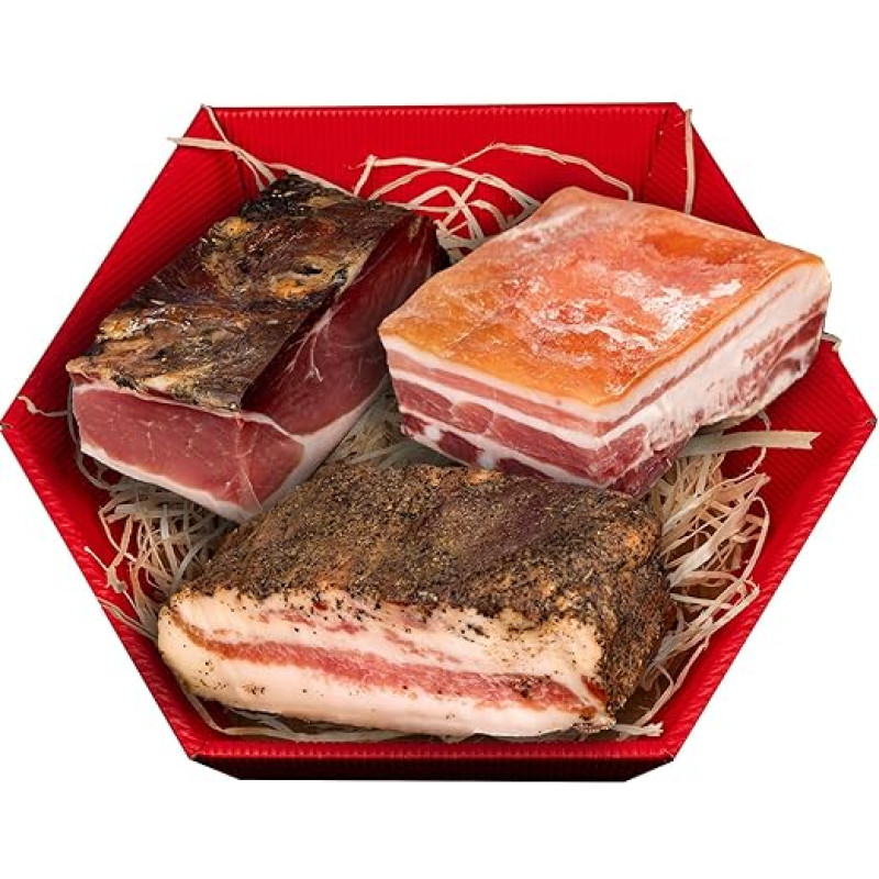 WURSTBARON® lašinių paketas su Pietų Tirolio lašiniais, Guanciale ir Pancetta, dovanų dėžutė su 3 itališkais patiekalais, dovanų krepšelis su Pietų Tirolio skanėstais