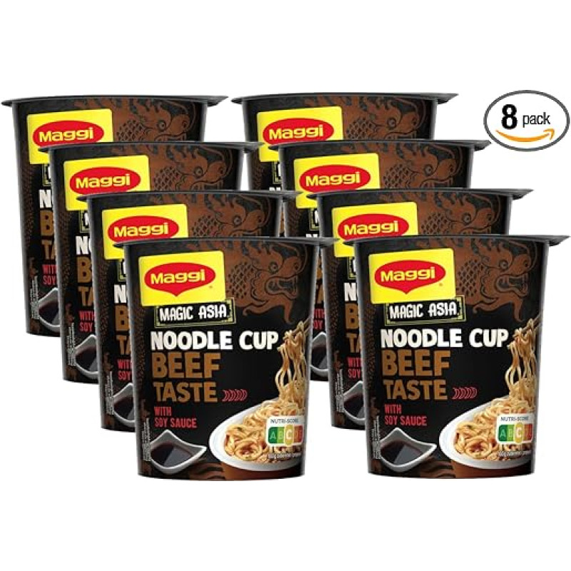 MAGGI Magic Asia Noodle Cup Beef, Instant Noodle Snack, Asian Ready Meal, with Beef Flavour, Spicy Seasoned, Pack of 8 (8 x 63 g)