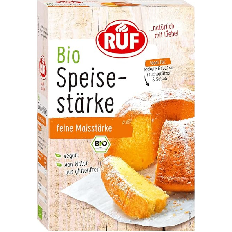 RUF ekologiškas krakmolas, grynas kukurūzų krakmolas, idealiai tinka biriems pyragams, padažams ir vaisių kompotams surišti, be glitimo ir veganiškas