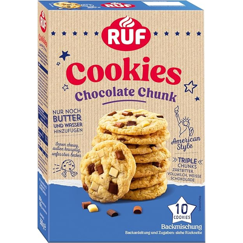 RUF Chocolate Chunk Cookies Baking Mix for Light Biscuits in American Style with Triple Chocolate Pieces, Chewy Inside Crispy Outside, 10 Cookies, 360 g