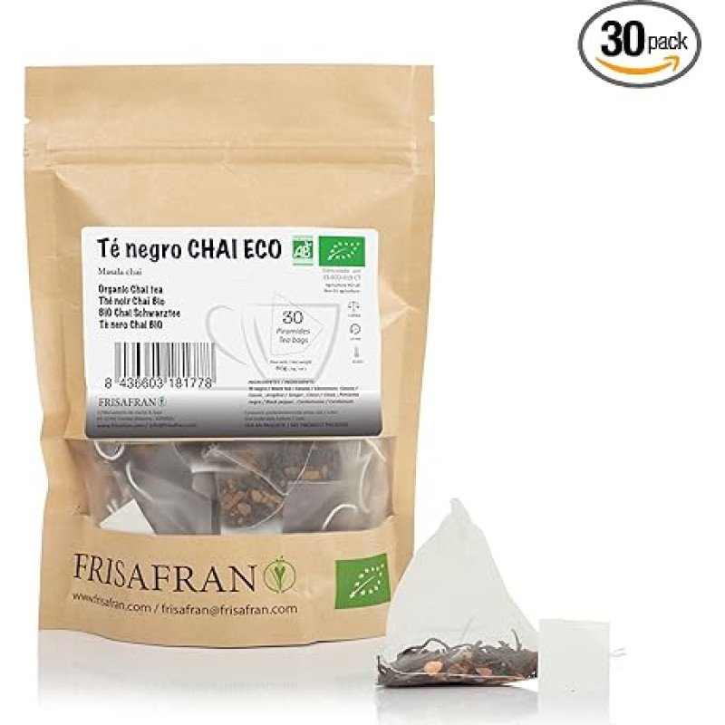 FRISAFRAN Chai Black Tea in Organic Pyramid 30 A | 60 g | Black Chai Tea | Bags | Antioxidant and Natural Energy Dispenser | Decaffeinated Tea | Detoxification | No Additives | Spice Tea
