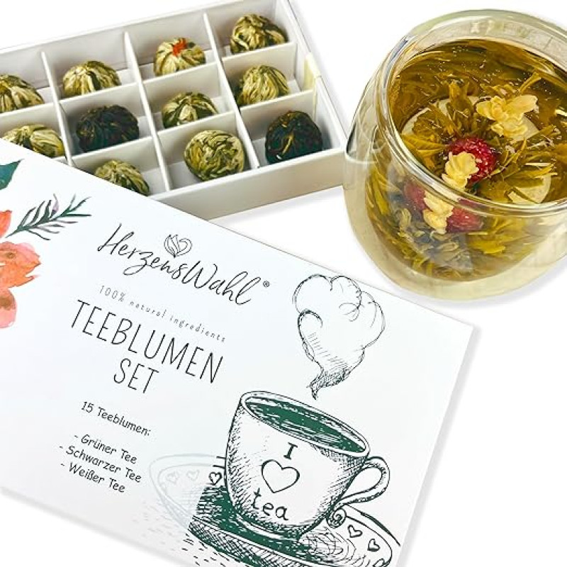 HerzensWahl Tea Flowers Gift Set | 15 x Tea Flowers White Tea, Green Tea & Black Tea in Tea Box | Tea Roses Tasting Set | Tea Flower Set for Tea Lovers Including Gift Box