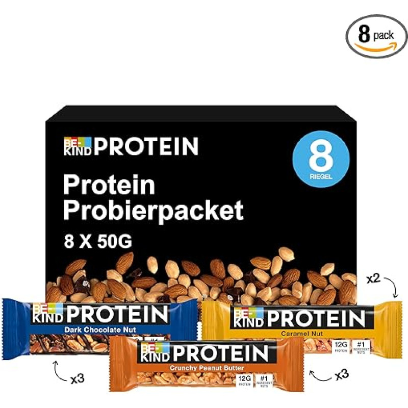 BE-KIND Protein Bar Tasting Pack, as a Gift Idea for Easter or Healthy Easter Sweets, with 3 Varieties: Crunchy Peanut Butter, Dark Chocolate Nut, Caramel Nut, 8 x 50 g