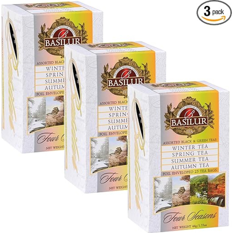 BASILUR Keturių metų laikų žalioji ir juodoji vaisinė arbata arbatos maišeliuose 25 x 2 g/1,5 g (x3)