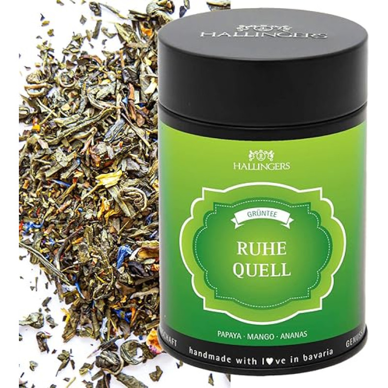 Hallingers Ruhequell - Loose Green Tea with Papaya, Mango & Pineapple (Tin) - Easter Gifts Easter Basket Easter Eggs & as Easter Decoration | Birthday Congratulations Recovery Anniversary Friendship