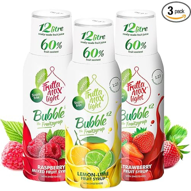 3 x 500 ml Light Fitness Syrup Raspberry Strawberry Lemon Lime FruttaMax Sugar Free with Stevia 50% Fruit Content
