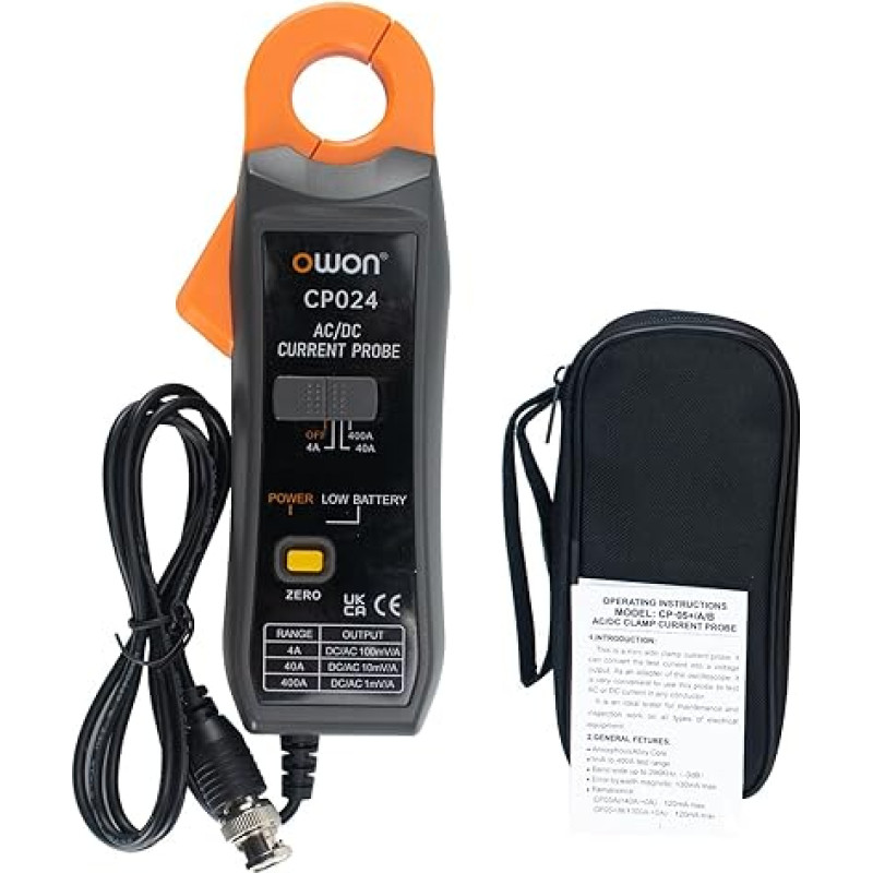 OWON CP024 AC/DC Current Clamp Probe Head for Oscilloscope, Current Tester Clamp Meter, 200KHz Bandwidth, 1mV/10mA, 400A Relative Zero Correction with BNC Connector