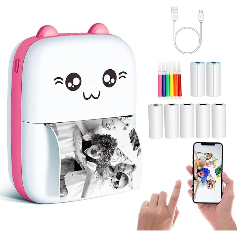 Nešiojamasis mini spausdintuvas, kišeninis terminis spausdintuvas su 7 ritinėliais popieriaus, belaidis 