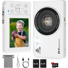 LAMA skaitmeninis fotoaparatas, 4K 64MP mini skaitmeniniai fotoaparatai, automatinio fokusavimo kompaktiškas fotoaparatas, 2,8 colių LCD ekranas, 16 kartų priartinanti blykstė, skaitmeninis fotoaparatas su 32G kortele, 2 baterijos, fotoaparatas vaikams, p