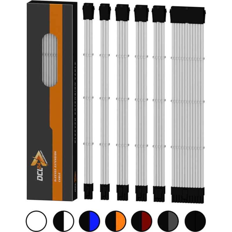 dcl24.de 30 cm Sleeved Cable PC Extension Kit White for Power Supply, GPU/CPU, PSU Cable Extensions with Cable Combs, Sleeved Cable PC Cable Mod Kit