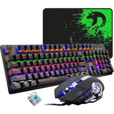 Mechaninė žaidimų klaviatūra Rainbow LED Backlit Gaming Keyboard Blue Switch 104 klavišai Full Anti-Ghosting kompiuterinių žaidimų žaidėjams ir rašytojams (juoda)