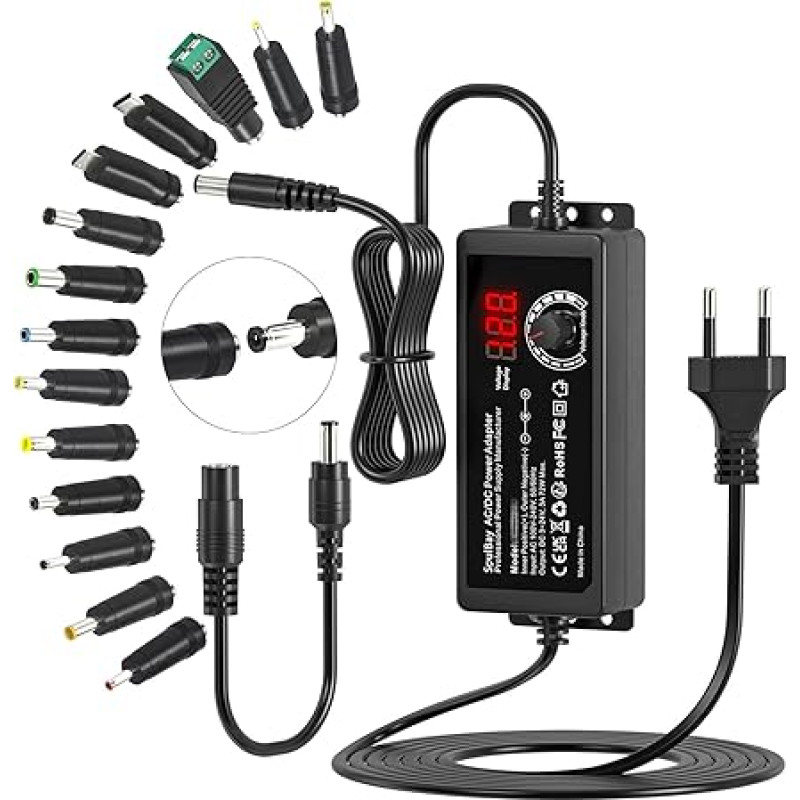 SoulBay 72W 3-24V Universal Power Supply, Universal AC/DC Adapter Charger with 14pcs DC Tips & Reverse Polarity Cable for CCTV Camera LED Strip Household Electronics - 3000mA Max.