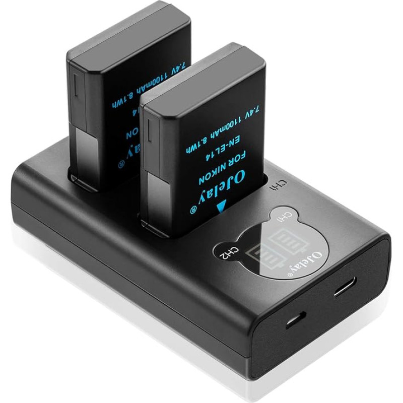 OJelay EN-EL14 1100 mAh atsarginė baterija, skirta Nikon EN-EL14 fotoaparato baterijai ir LCD išmanusis dvigubas įkroviklis, skirtas Nikon D3100, D3200, D3300, D3400, D3500, D5100, D5200, D5300, D5500, D5600, P