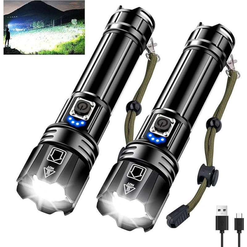 LED Rechargeable Torch 500,000 Lumens, LED Torch Extremely Bright XHP70.2 with 5 Modes & Zoomable & IPX7 Waterproof, Strong Torches for Camping, Hiking, Emergencies (Pack of 2)
