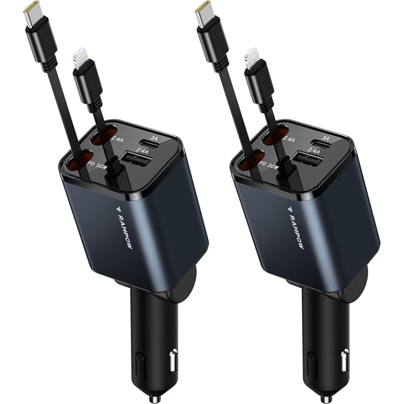 RAMPOW Cigarette Lighter USB C 2 Pack, Car Accessories 65 W Car Charger Car Accessories, 4-in-1 Retractable Car Charger Cigarette Lighter Quick Charger with iPhone 16/15/14/13, Samsung S24/S23, iPad