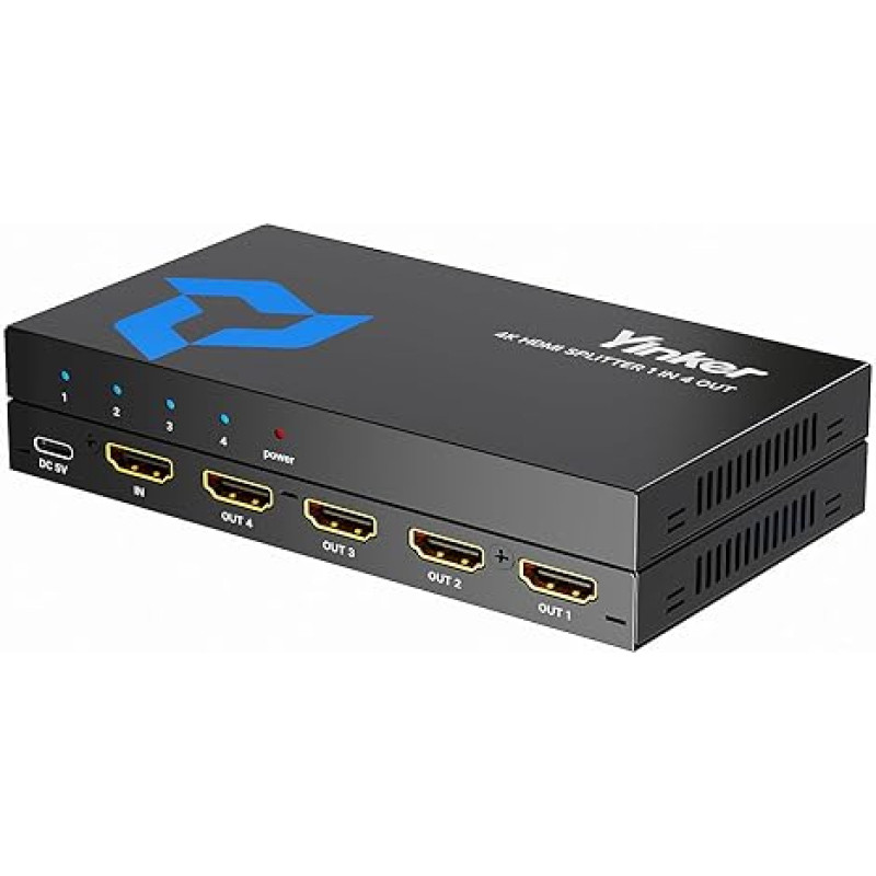 4K HDMI Splitter 1 in 4 Out, Yinker 4 Port HDMI Splitter 4 Screens 4K30Hz Splitter 4 Port for Xbox360 PS4 PS3 Roku