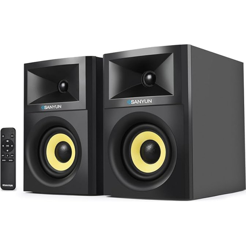 Sanyun SW205 80W 4 Inch Active Bookcase Speakers with Wooden Casing, Innovative Exterior Designs and Advanced DSP Chips, Optical 3.5 mm Aux Bluetooth 5.4 Input, Remote Control (Pair, Black)