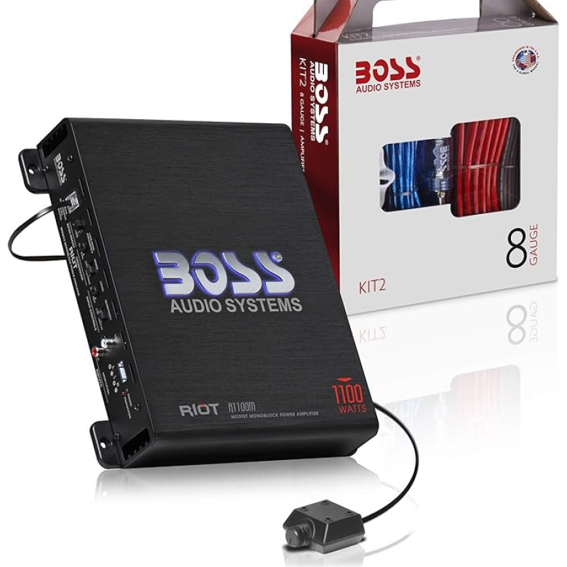 Boss Audio Systems R1100MK Car Amplifier and 8 Gauge Wiring Kit - 1100 Watt Maximum Power, 2-4 Ohm Stable, Class A/B, Monoblock, Mosfet Power Supply, Remote Control