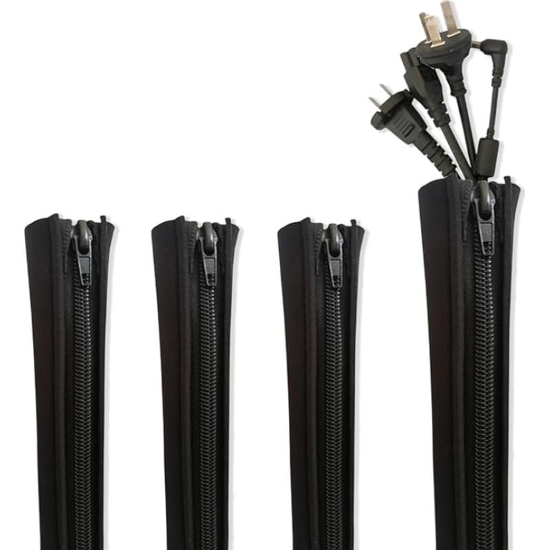 Cable Sleeve Set with Zippers, Black Cable Organizer Braided Cable Sleeve Split and Self Winding Sleeve for PC/TV, USB Cable, Power Cord, Audio Video Cable at Home, Office, Pack of 4
