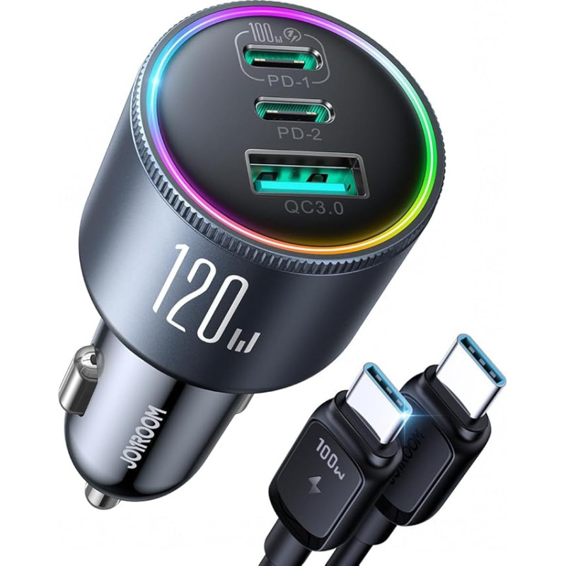 2025 Upgrade 120 W Cigaretės žiebtuvėlio USB C, [PD100W + PD35W] JOYROOM 3 prievadų automobilinis įkroviklis su 100 W greitojo įkrovimo kabeliu, greitasis automobilinis įkroviklis iPhone 16/15, Samsung S25/24, iPad, MacBook, nešiojamasis kompiuteris