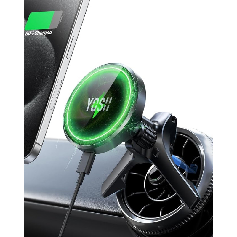 YOSH Mag-Safe Car Mount 15 W Mobile Phone Holder Car with Charging Function, for Round Ventilation, Compatible with Mercedes-Benz A/B/C/E/V Class, GLC, for Mini, Audi A1, Wireless Charger Car for