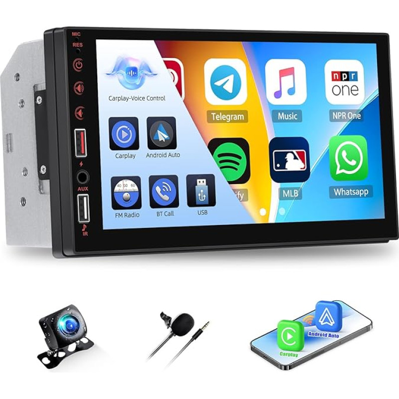 CAMECHO Car Radio Double DIN Radio Carplay with Wireless Android Car, 7 Inch Car Screen Radio 2DIN Touch Display with Mirror Link Bluetooth FM EQ AUX/USB SWC + Reversing Camera & Mic