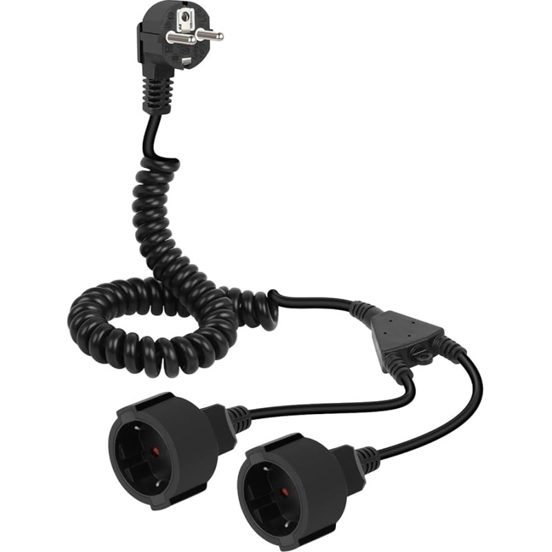 YANBORONSN Spiral Extension Cable, 1 to 2 Protection Touchpoint Coiled Cable, 16A/250V, Extension Cable with 2 Sockets (Short)