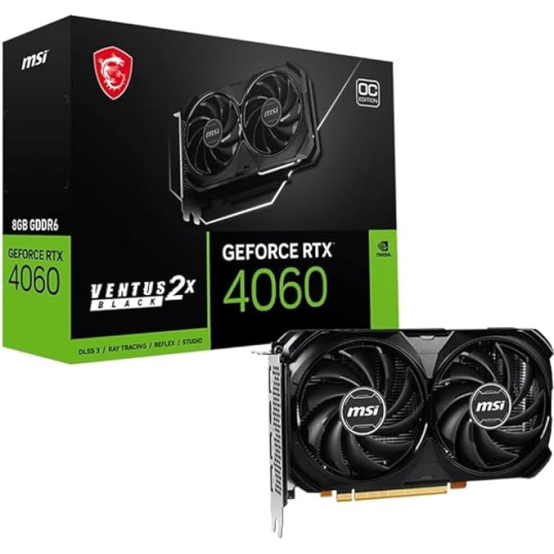 MSI GeForce RTX 4060 Ventus 2X Black 8G OC vaizdo plokštė -NVIDIA RTX 4060, 8 GB GDDR6 atminties, 17 Gb/s, PCIe 4.0, DLSS3