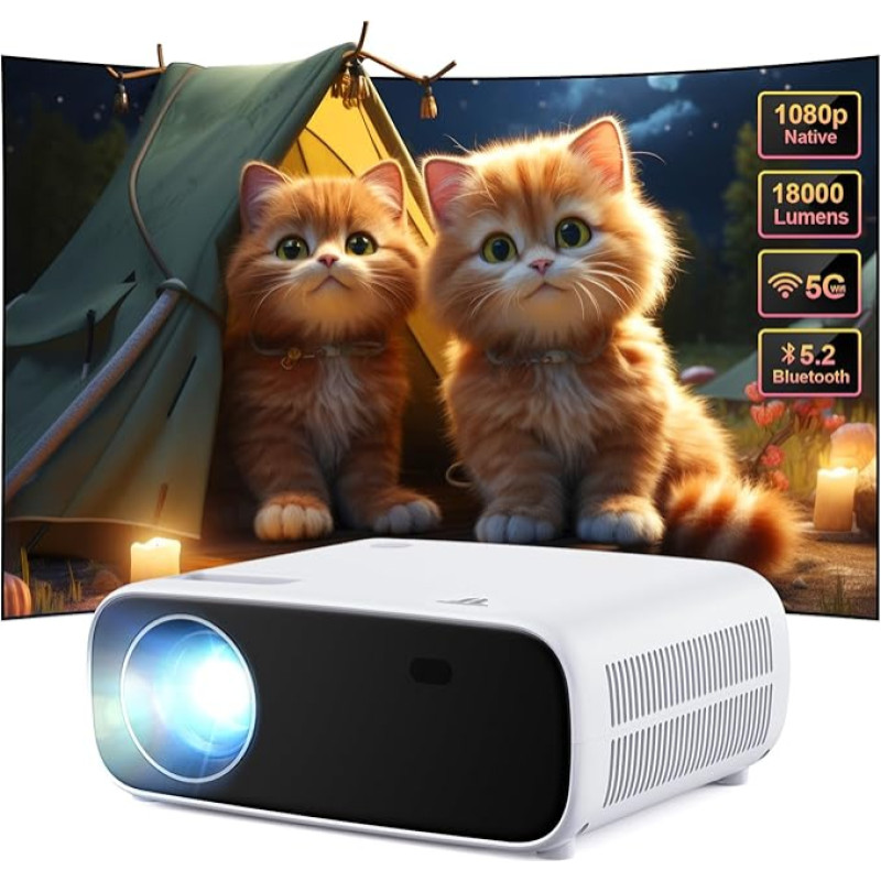 Mini Projector with WiFi and Bluetooth, 18000 Lumens, Full HD 1080P Resolution Home Theater Projector with 4K Support, Compatible with iOS/Android/Laptop/HDMI/USB (Black)