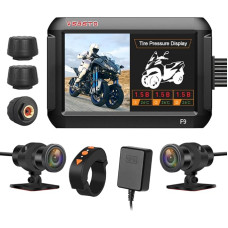 VSYSTO WiFi Three-Wheel Motorcycle Camera, 4.0 Inch Screen Motorcycle Recorder with Tyre Pressure Sensors, Waterproof Night Vision 1080P Front and Rear Camera, GPS (6-Layer Glass Lens + 150° Wide