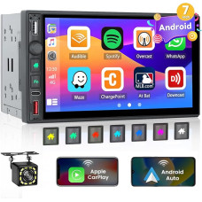Hikity Left Hand Drive Car Radio Double DIN with Wireless CarPlay and Android Car 7 Inch Touchscreen 2Din Radio with Bluetooth/Type C/USB/AM/FM/RDS/Mirror Link Microphone Reversing Camera