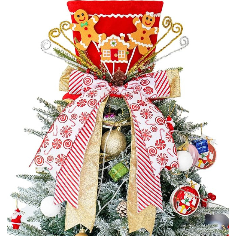 Kalėdų eglutės viršutinė kepurė, meduolinis žmogus, Kalėdų eglutės viršūnė, didelė raudona blizgučių kepurė su prailgintu kaspinu, Kalėdų eglutės dekoracijos Kalėdų atostogoms