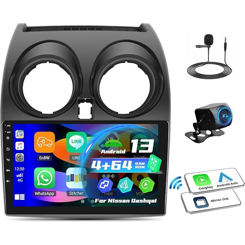 OiLiehu 4+64G 4 Core Android 13 Double DIN CarPlay Android automobilinis radijas Nissan Qashqai J10 2006-2013 m. automobilinis radijas su 9 colių ekranu su Bluetooth GPS FM RDS WiFi SWC EQ + atbulinės eigos kamera