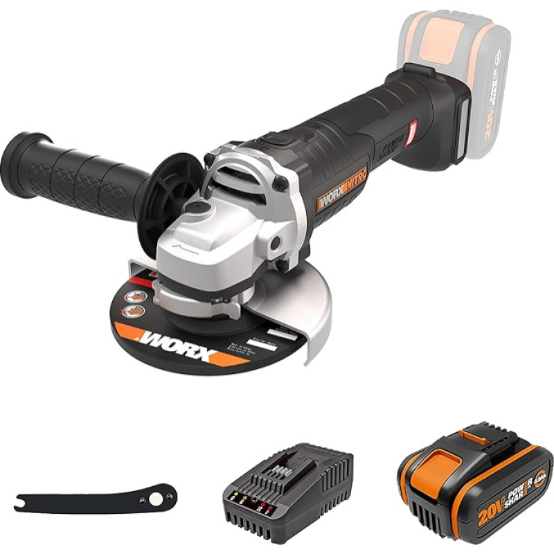 WORX WX812 Nitro Cordless Angle Grinder 20 V - 125 mm Disc Diameter - 8500 rpm - Powerful Brushless Motor - Lightweight and Compact - Kickback Protection - Includes 4Ah Battery and Charger