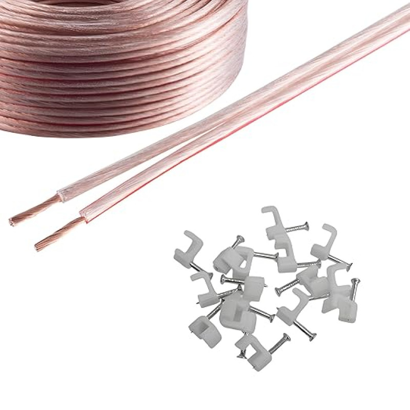 Reulin Litzen Lautsprecherkabel 25M Lang, Flach Lautsprecher Kabel 25,0 M für Heim-HiFi/Car-Audio 0,75mm² 24x0,2 CCA Lautsprecher mit Klemmen Transparent, 25 Meter