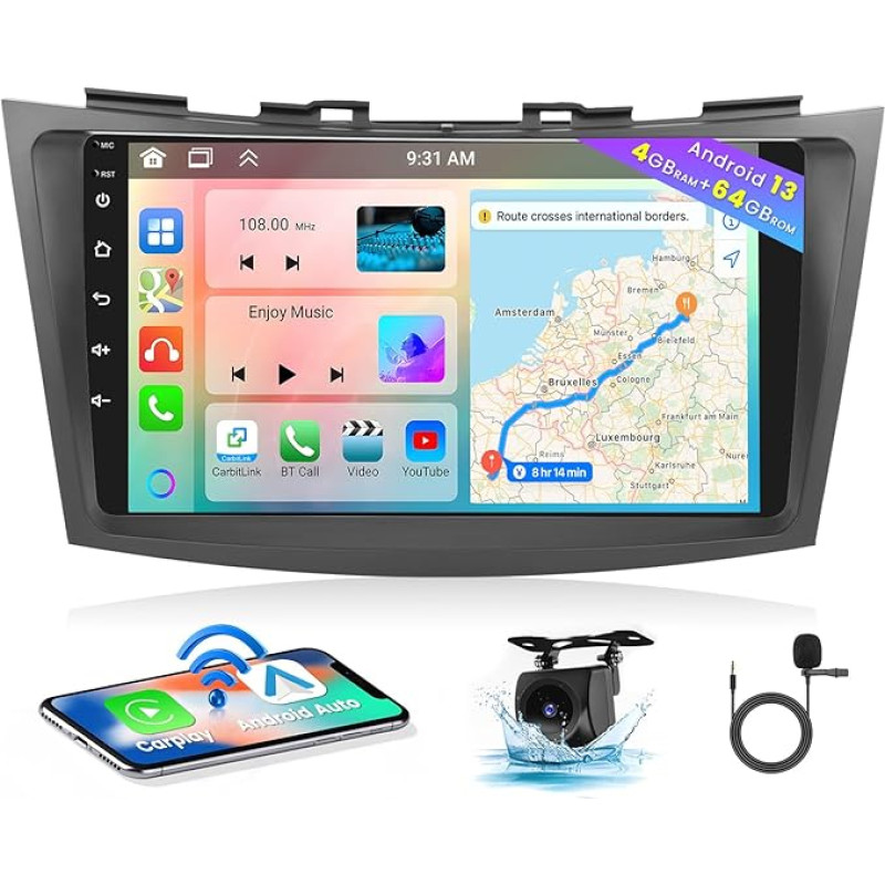 Hikity 4+64GB DAB Android 13 automobilinis radijas Suzuki Swift 2011-2017/Ertiga 2012-2017 Radijas Belaidis CarPlay Android automobilinis Bluetooth laisvų rankų įrangos rinkinys 9 colių ekranas GPS WiFi DSP HiFi FM RDS