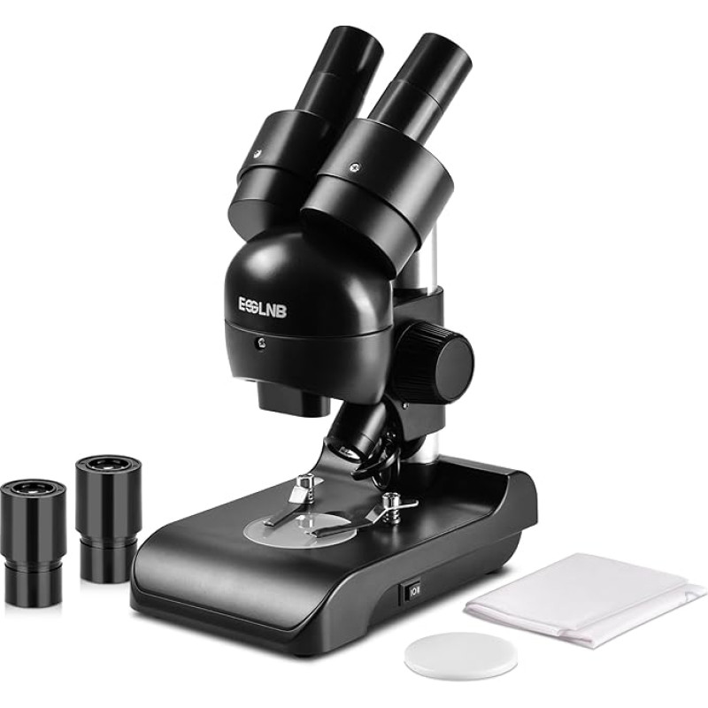 ESSLNB Stereo 30X binokulinis mikroskopas moksleiviams ir studentams - nešiojamas mikroskopas vaikams su WF10x okuliarais, 3X objektyvu, optiniu stiklu ir LED lempa