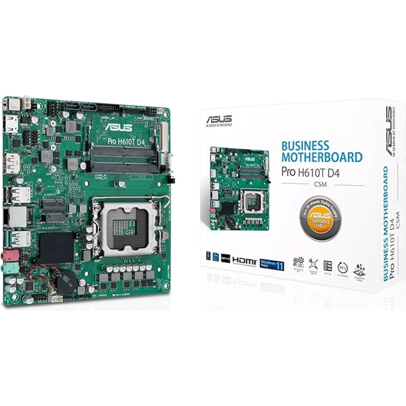 ASUS K Pro H610T D4-CSM Business Motherboard Socket Intel LGA 1700 (Thin Mini-ITX, PCIe 4.0, DDR4, HDMI, DisplayPort, USB-A USB 3.2 Gen2), Black, 190373, 90MB1AM0-M0EAYC