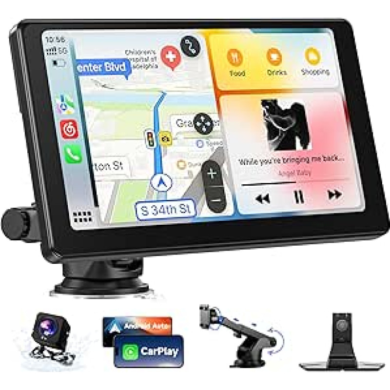 2025 9 Inch Carplay Display & Portable Android Car Display, Car Play Display with Rear View Camera, GPS Navigation, Bluetooth, Mirror Link, AUX, FM Siri, Buddy Display for All Vehicles