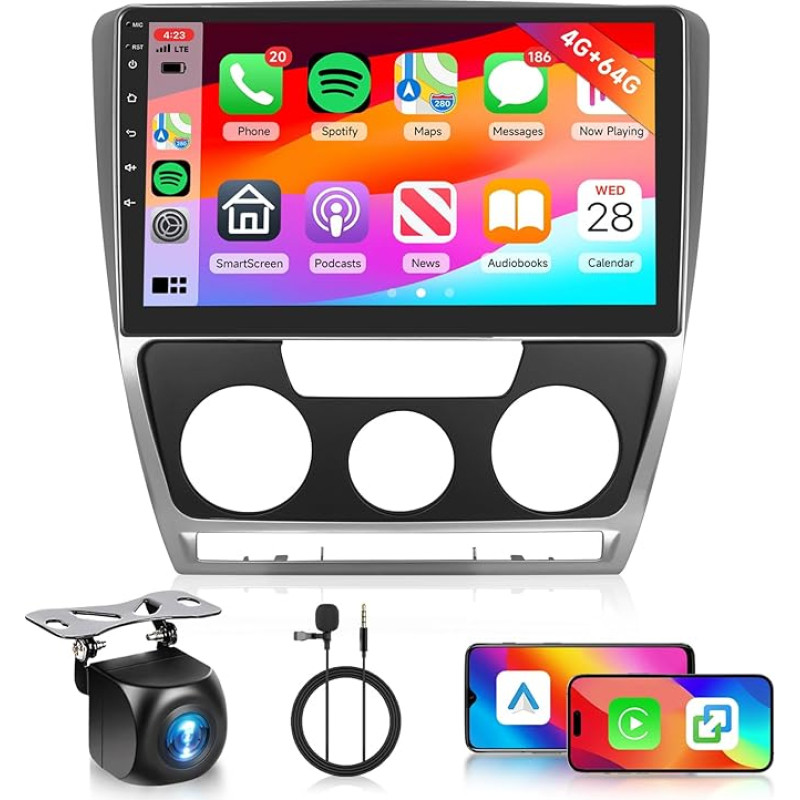 4G + 64G Android Car Radio for VW Skoda Octavia 2 2007-2014 with Wireless Carplay Android Car Mirrorlink, Hodozzy 10 Inch Touchscreen Car Radio with Navigation Bluetooth WiFi DSP FM/RDS Radio