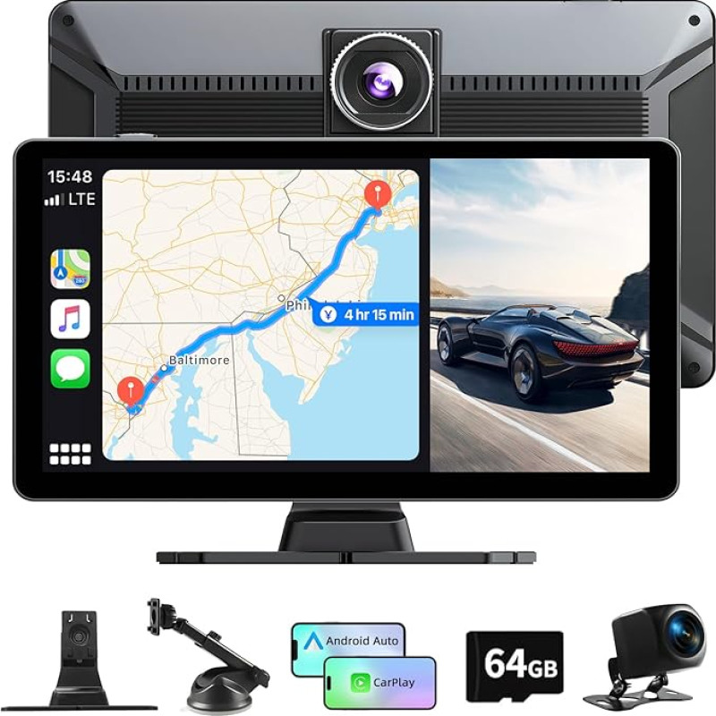 Car Play Screen for Wireless Apple Carplay & Android Car, 9 Inch 1080P HD Carplay Screen for Car, Portable Car Tablet Car Stereo with Bluetooth, Mirror Link, Voice Control, Live Navigation, FM, AUX