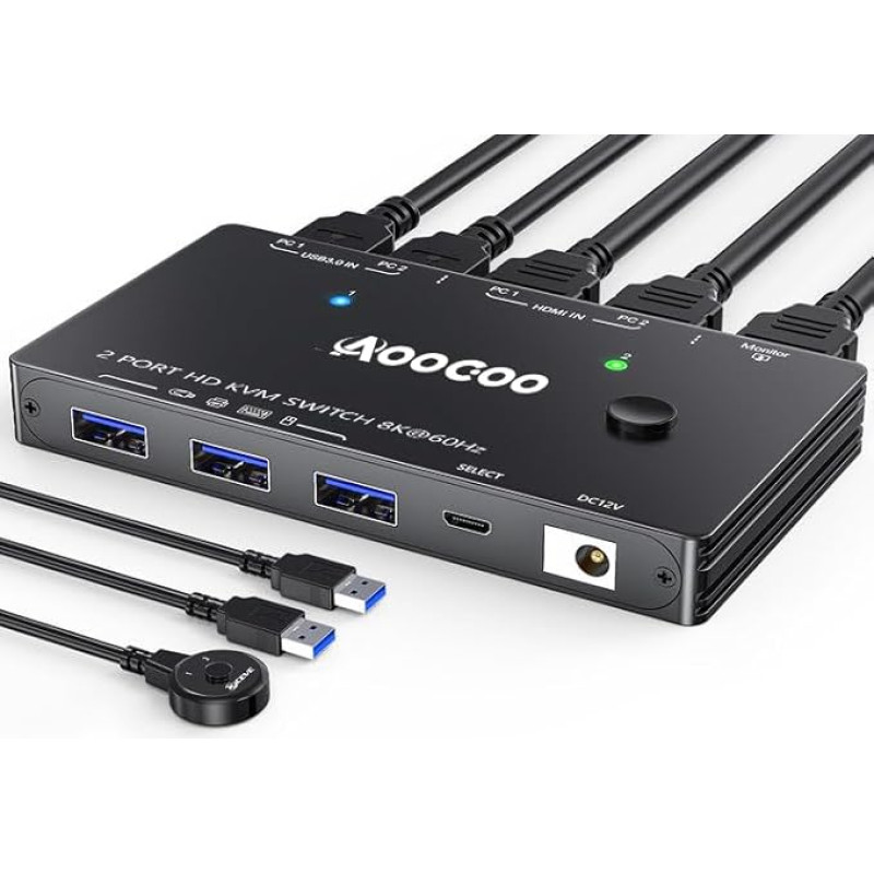 HDMI KVM Switch 2 PC 1 Monitors 8K @ 60Hz/4K @ 120Hz KVM Switches Wired Remote Control USB 3.0 Cable Included