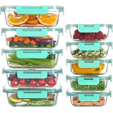 Pack of 10 Glass Food Storage Containers, Airtight Meal Prep Containers with Lid, Glass Lunch Container, Microwave/Dishwasher Safe, Light Green