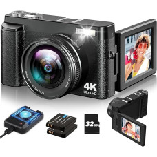 Skaitmeninis fotoaparatas 4K fotokamera su 32GB kortele Fotoaparatas 48MP kompaktiškas fotoaparatas su 3 colių 180° apverčiamu ekranu Skaitmeninis fotoaparatas Selfie automatinio fokusavimo blykstės šviesa Vlogging fotoaparatas Įėjimo fotoaparatas