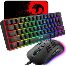 60% Laidinė kompaktiška žaidimų klaviatūra 61 klavišas 11 visų klavišų RGB apšvietimo efektai Anti-Ghosting + laidinė šviesa Žaidimų pelė Optinė pelė Honeycomb pelė + pelės kilimėlis