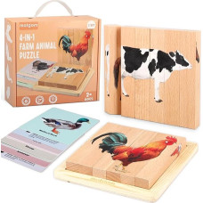 Medinės dėlionės mažiems vaikams, 4 in 1 ūkio gyvūnai, stambūs galvosūkiai 2-4 metų amžiaus, ikimokyklinio amžiaus, edukacinis Montessori žaislas, dovanos 2 3 4 metų berniukams ir mergaitėms