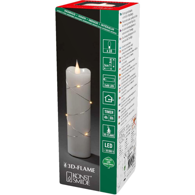 Konstsmide 1826-190 LED Real Wax Candle White, 3D Flame, Wire-Wrapped, 4/8h Timer, 1 Warm White Diode/9 LED Drops, Battery Operated, Indoor, Silver-Coloured Cable, Battery: 2 x AA 1.5 V (Excl.)